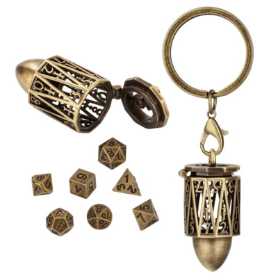 Retro hohler Kugelkopf Gehäuse Anhänger Schlüsselring mit 7 Stck. Gaming kleine Metallwürfel