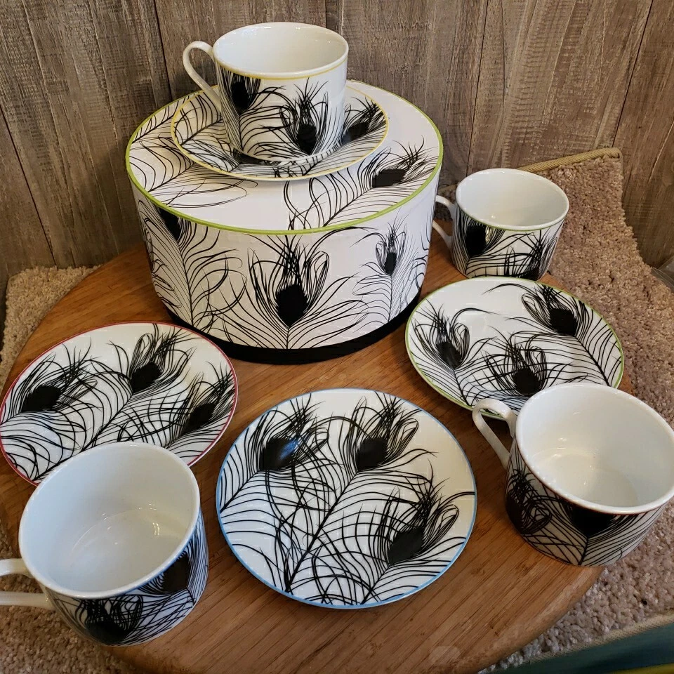  Plumas de pavo real de ROSANNA Juego de tazas/platillos de té blanco negro Juego de 4 cajas Art Deco Foto 4 de 4