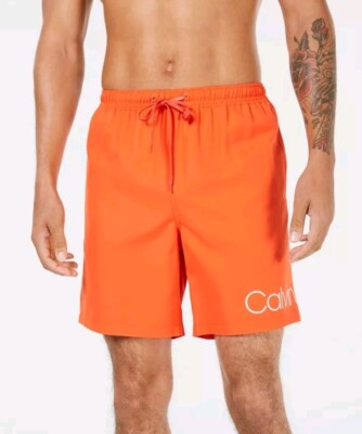 New Calvin Klein Men's Logo 7'' Volley Swim Trunks Orange MSRP $59.99 NWT