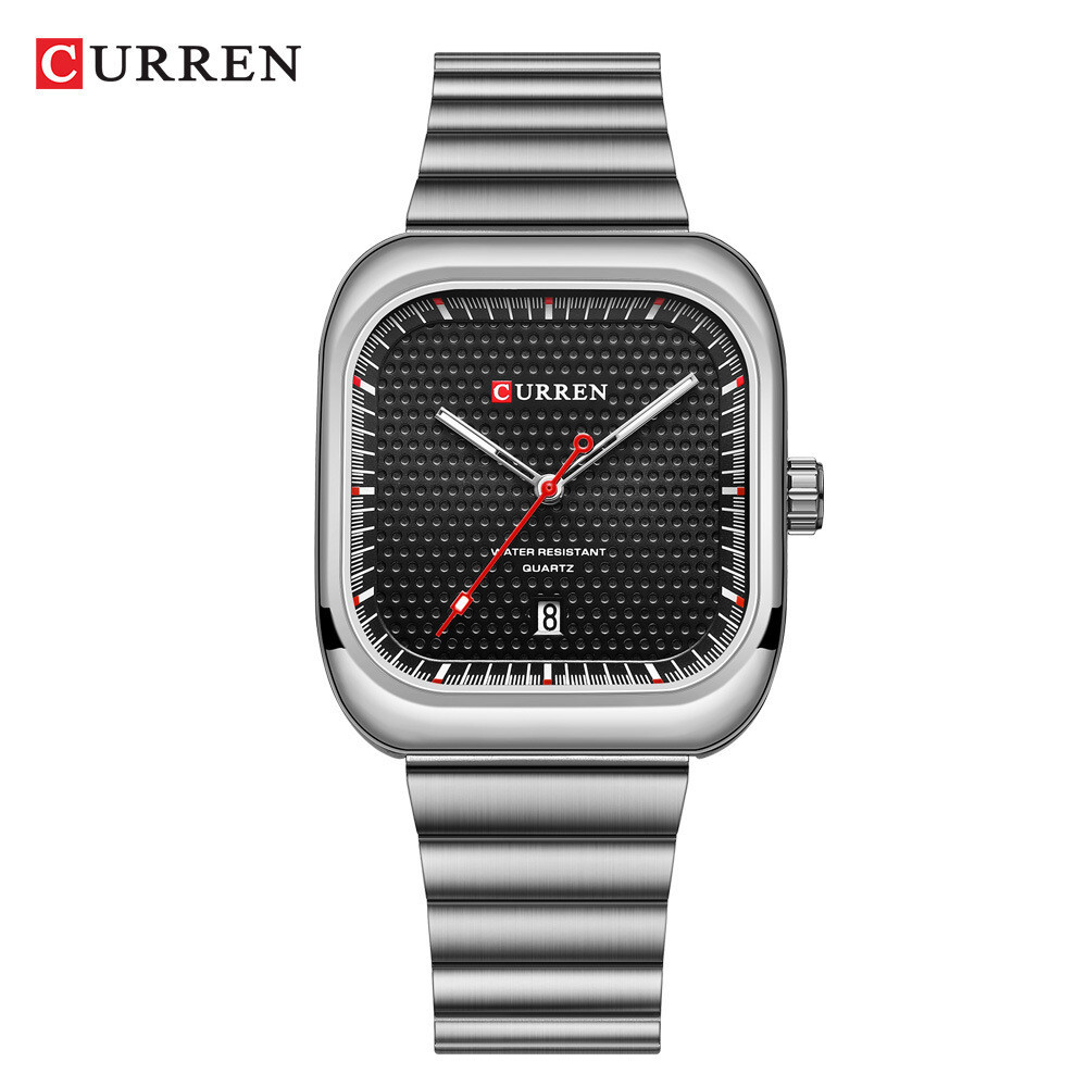 CURREN Men Square Watch Simple Dial Wristwatch Silver Steel Male Calendar Watch