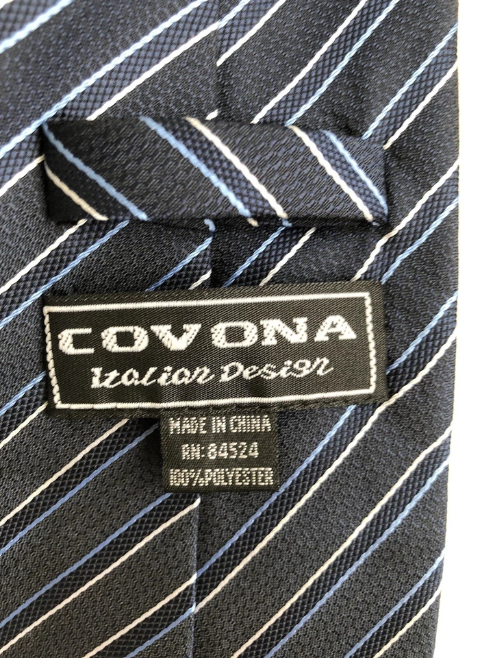 Covona мужской темно-синий, светло-синий, серый в полоску сплетенный полиэстер галстук ~ EUC ~ - Изображение 2 из 3