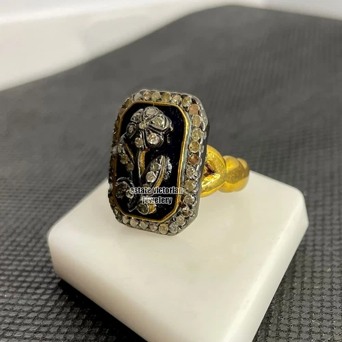 Stunning 1.35Ctw Genuine Old Mine Rose Cut Diamond Enamel Silver Victorian Ring