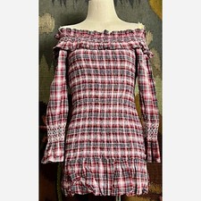 Anthropologie Smocked Off The Shoulder Plaid Longsleeve Mini Dress XS