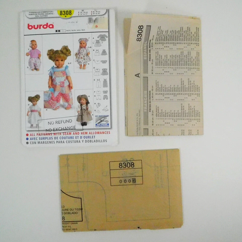 Burda 8308 Craft Doll Clothes Pattern Size 12"-18" Uncut Dress Costume Backpack - Image 2 of 4