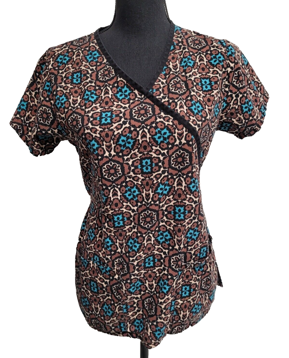 Comfy Cotton Scrub Top (~S) Multicolor Geometric V-Neck Sort