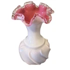 Vintage Fenton Silver Crest White and Pink Milk Glass Ruffled Edge 6.5 Vase