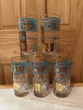 MCM LIBBEY SOUTHERN COMFORT RIVERBOAT STEAMBOAT Set GLASSES TURQUOISE GOLD (5)