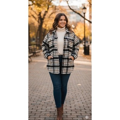 SALE Wool Blend Plaid Shacket Women Large Black White Button Jacket NEW