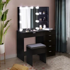 LED Vanity Table Set Sliding Lighted Mirror Dressing Table 6 Drawer Dresser Desk
