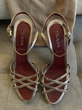 PRADA Metallic Silver Strappy Cone Heel Leather Sandals Women's EU 36