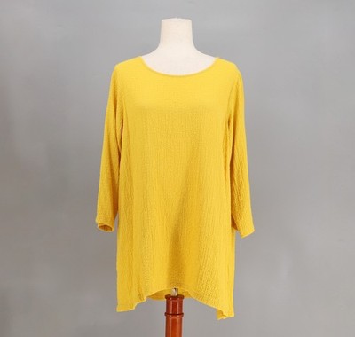 AlI MILES Yellow Crinkle Textured Button Open Sleeve Tunic Top Size M