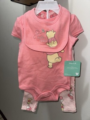 Disney Baby girls Winnie the Pooh Pink 3-Piece Bodysuit Pants Bib Set 6/9M