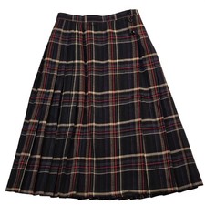 Vintage Plaid Pleated Midi Skirt Black Red Blue Academic Preppy Button Wrap