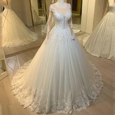 Luxury A-Line Wedding Dresses Scoop Neck Long Sleeves Lace Applique Bridal Gowns