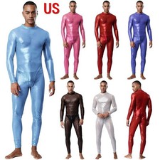 US YiZYiF Mens Metallic Shiny Full Body Unitard Long Sleeve Long Pants Bodysuit