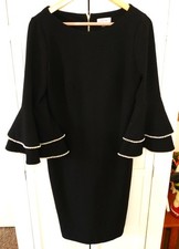 Calvin Klein Black Dress w Faux Pearl Adorned Flounce Sleeve Rear Zip Size 8/M