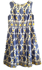 Boden Lizzie Midi Dress Blue Yellow Print 100% Cotton Flared Skirt Pockets - 12