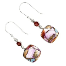 Kingman Orange Dahlia Turquoise & Garnet 925 Silver Earrings Jewelry E-1002