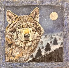Quadro in Acrilico raffigurante 1 Lupo su tela con Luna sullo sfondo, Mis. 50x50