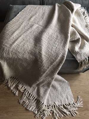 Malagoon Tagesdecke-Gestrickt m.Fransen-1A-Ivory White/Creme-Kuschel Decke Plaid