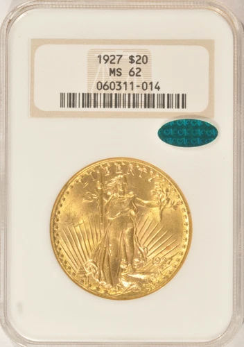 1927 $20 Saint Gaudens Gold Double Eagle Coin NGC MS62 CAC No-Line Fatty WOW!