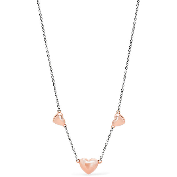 NEW-FOSSIL SILVER+ROSE GOLD TONE TRIPLE HEART STATION NECKLACE