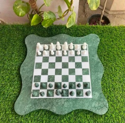 12'' Green Marble Chess Set | Handmade Stone Inlay Chessboard with Pieces