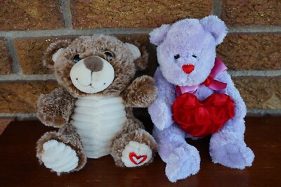 PLUSH Valentines LOT Set Stuffed Animal TEDDY BEARS Heart Purple RED Brown Cream