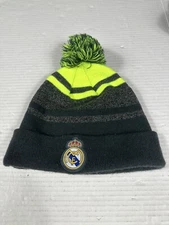 Real Madrid Beanie Soccer Sports POM Cap Hat Gray and Neon Yellow New