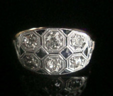 Art Deco Style Old European Cut Lab-Created Diamond  Sapphire 925 Silver Ring