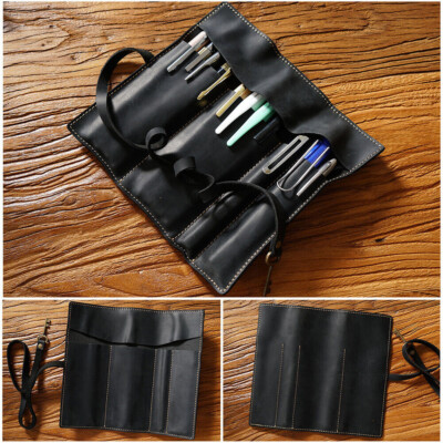 Handmade Cowhide Leather Pen Pouch Roll-up Pencil Case bag Stationery Storage US