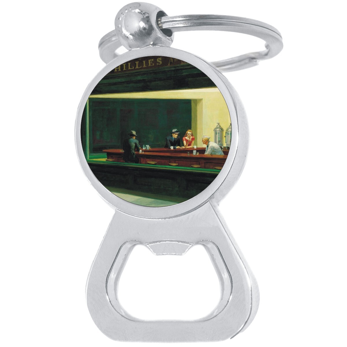 Vintage Bar Scene Bottle Opener Keychain - Metal Beer Key Ring Tool  