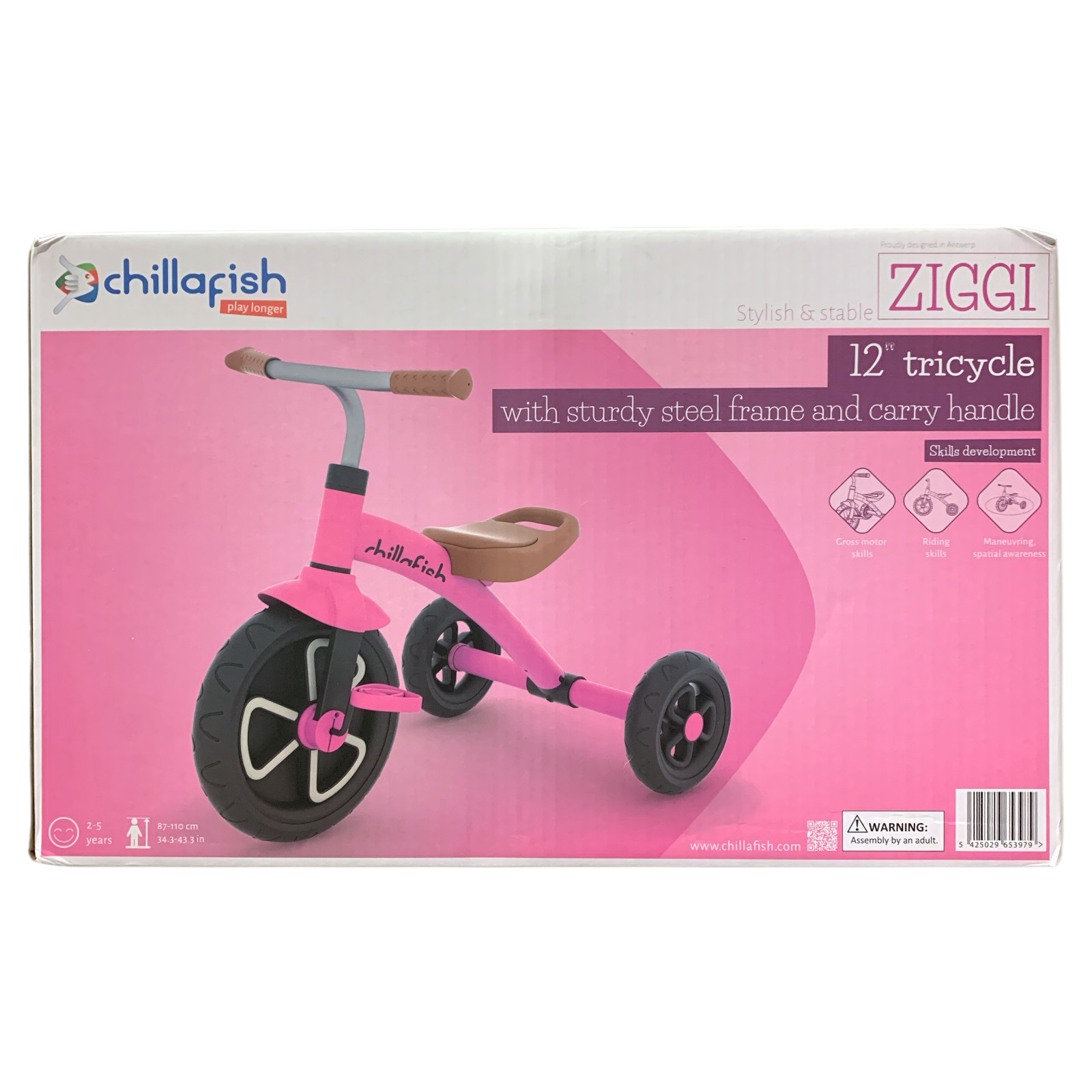 Трехколесный велосипед Chillafish Ziggi 12 с прочной стальной рамой и ручкой для переноски, Розовый