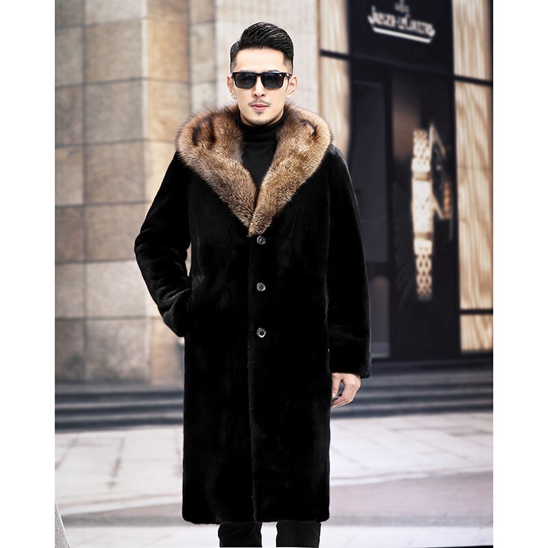 Mens Hooded Mink Coat Winter Mink Long Warm Mink Fur Coat Casual Large Size Tops