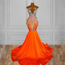 Orange Fitted Mermaid Prom Dress Silver Beaded Rhinestone African Black Girls