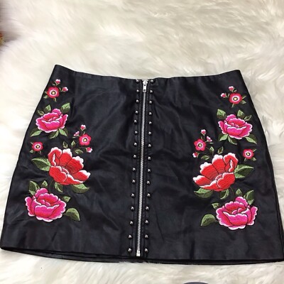 Forever 21 Black Faux Leather Embroidered Floral Whimsy Goth Witchy Skirt 0X