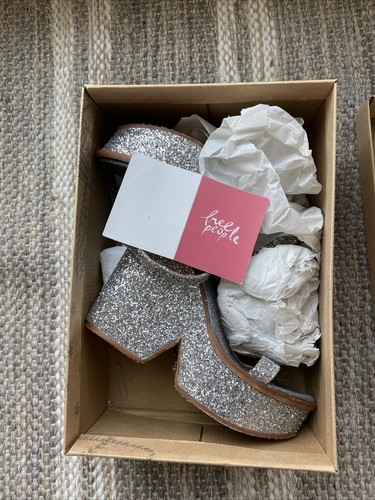 New W/Box $178 Free people Gramercy Platform Heeled Sandal Silver Glitter sz37 - Picture 5 of 11