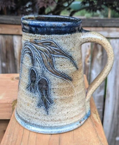 Studio Pottery Tankard/Mug/Stein, Artist Signed, Flowers, Rustic, Blue, VTG 