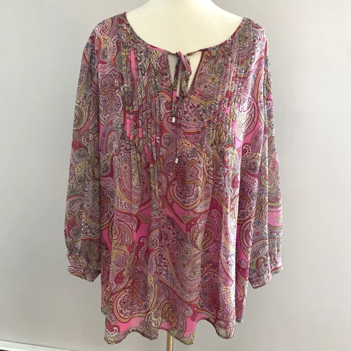 Tommy Hilfiger Women's Pink Paisley Pintuck Chiffon Blouse Top Plus Size 3X