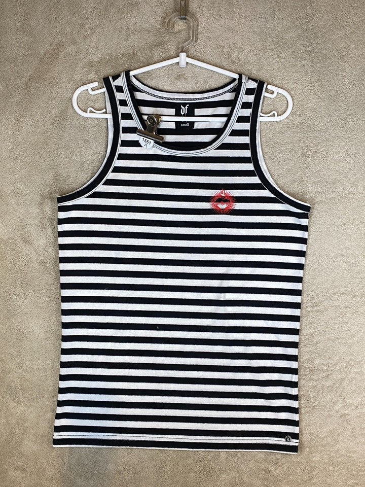 of dangerfield Tank Tee Top Size S Womens Black White Striped Logo Sleeveless