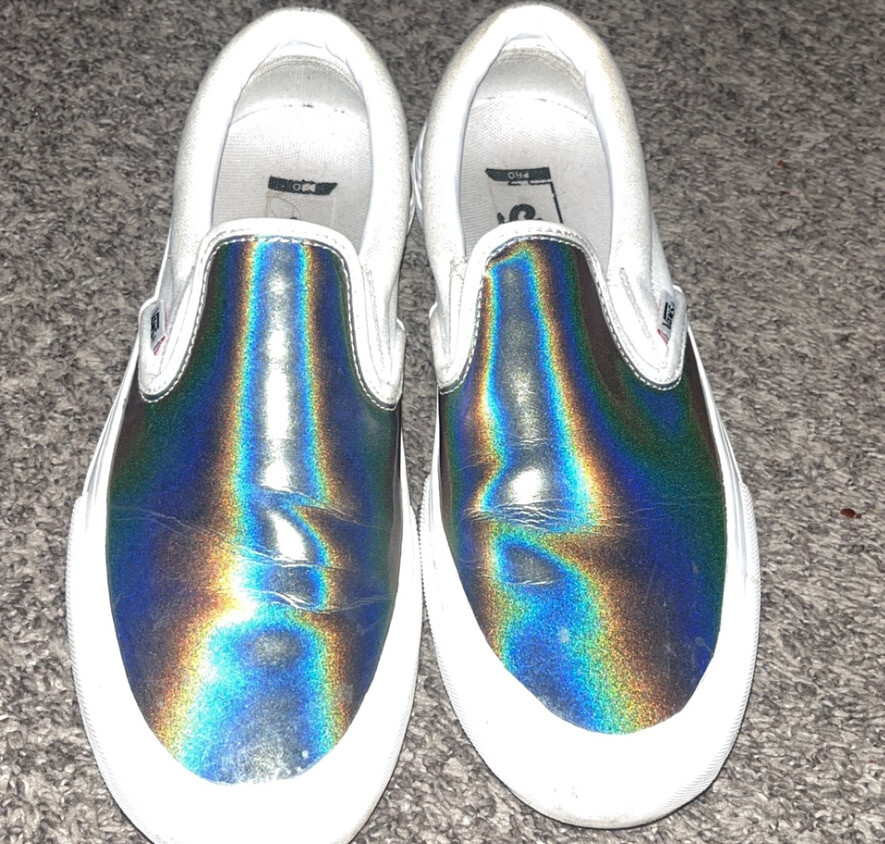 NEW MEN'S VANS SLIP ON PRO IRIDESCENT SILVER SKATE SHOES