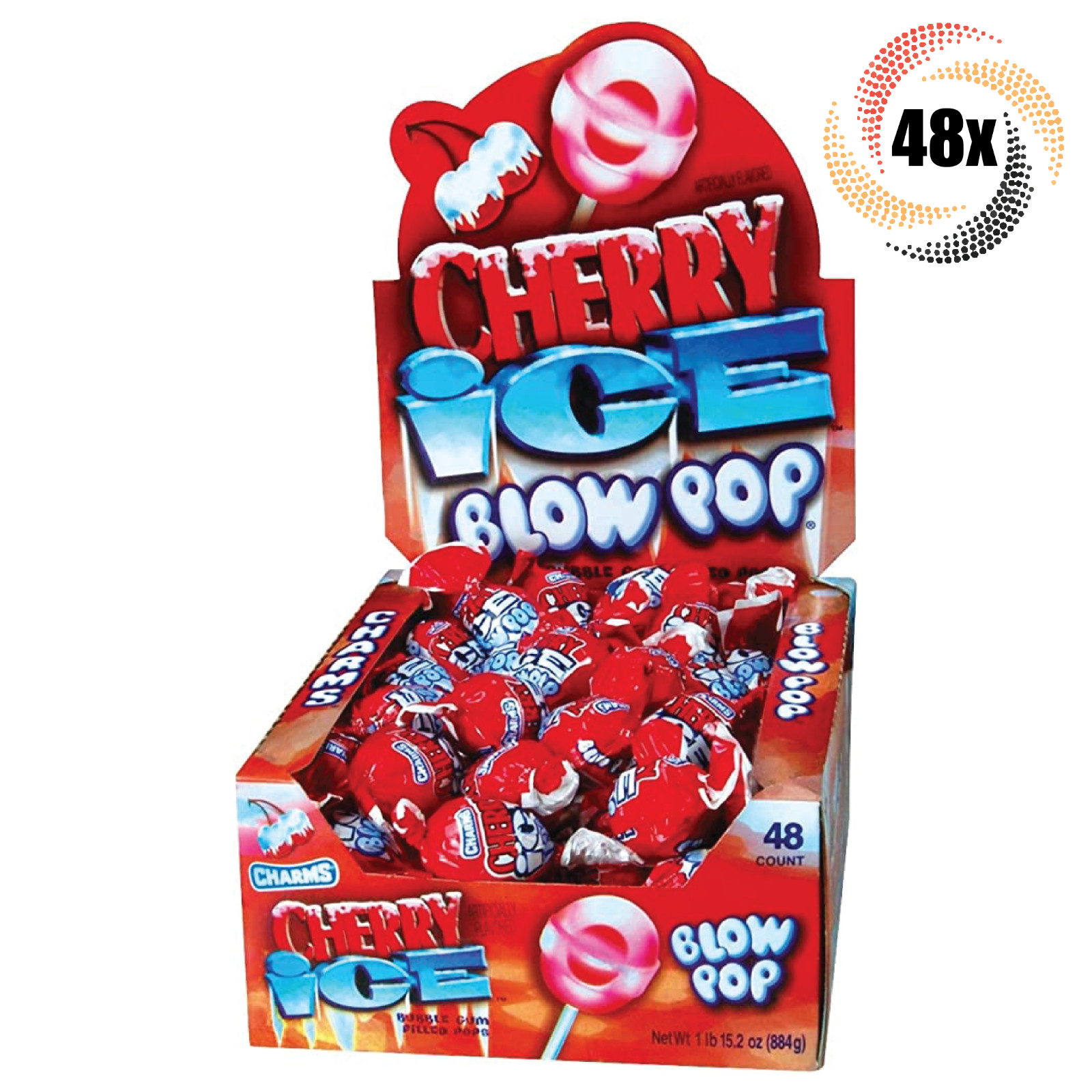 Полная коробка 48x леденцов Pops Charms Cherry Ice Blow Pop с начинкой из жевательной резинки 65 унций 5090₽