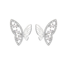 Women 925 Silver Post Baguette CZ Hollow Butterfly Stud Earrings Gift Box PE28