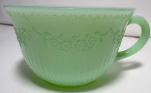 Vintage Jadeite 6-oz. delicate coffee cup ribbed and floral accents no markings