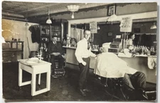 Barbershop Interior Scene Chairs Signs People Antique RPPC Postcard
