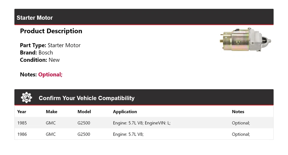 Para 1985-1986 GMC G2500 5.7L V8 Bosch Starter (Novo) - Imagem 2 de 4