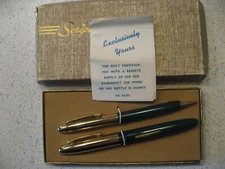 Vintage New in Box Scripto Pen and Pencil Green and Gold Desk Set