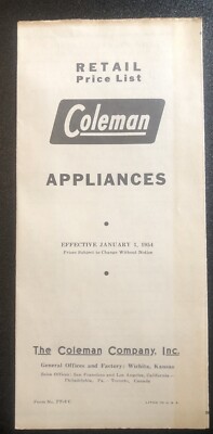 Coleman Haushaltsgeräte Ladenpreisliste 1954 ausklappbare Broschüre Vintage