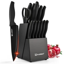 15 Pieces Black Coding Kitchen Knife Block Set with TPR Soft Handle