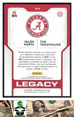 2020 Panini Contenders Draft Legacy #8 Jalen Hurts/Tua Tagovailoa Alabama Crimson Tide Football Card